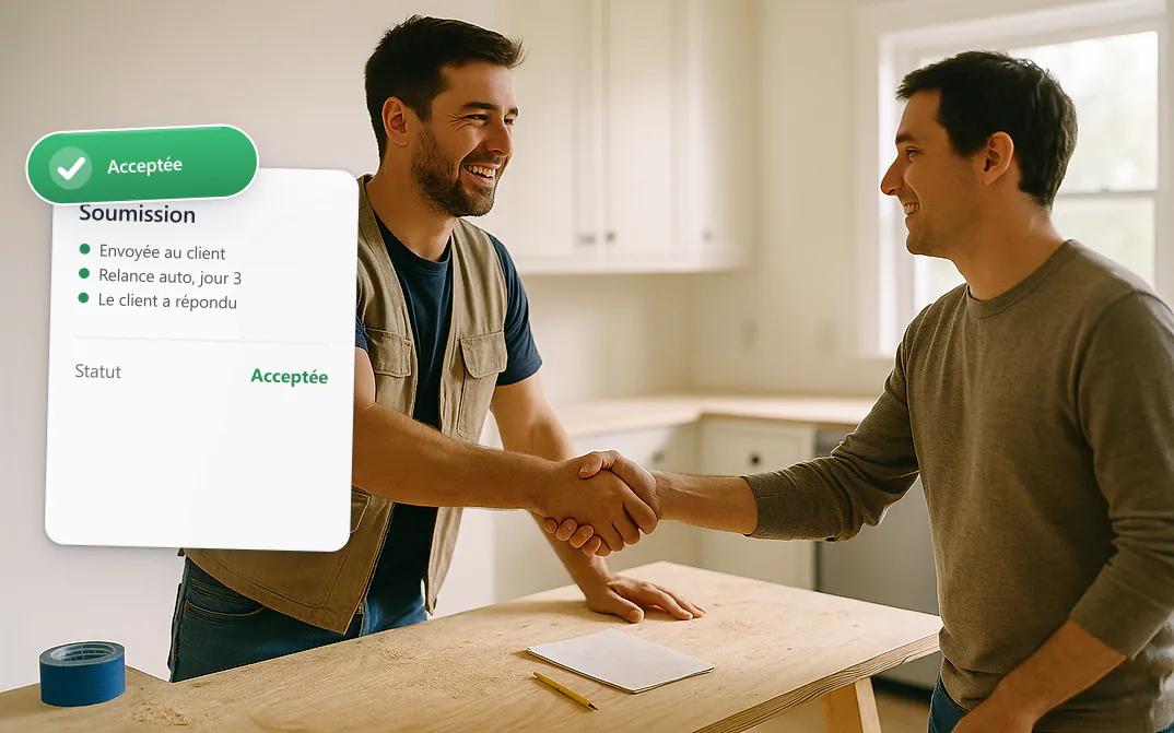 Entrepreneur et propriétaire qui se serrent la main sur une soumission acceptée
