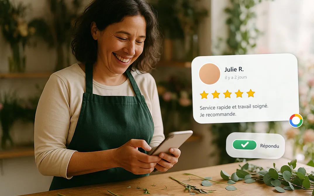 Fleuriste heureuse qui lit un avis 5 étoiles sur son téléphone