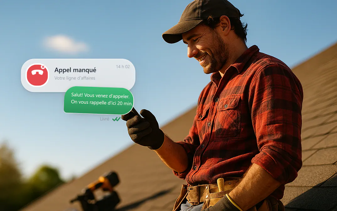 Couvreur sur un toit qui voit le texto automatique répondre à un appel manqué