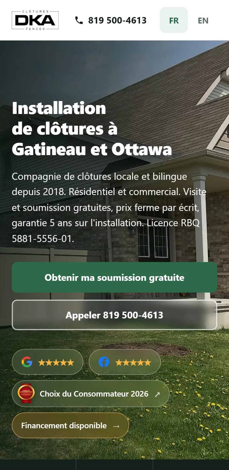 La page d'accueil de Clôtures DKA sur un cellulaire