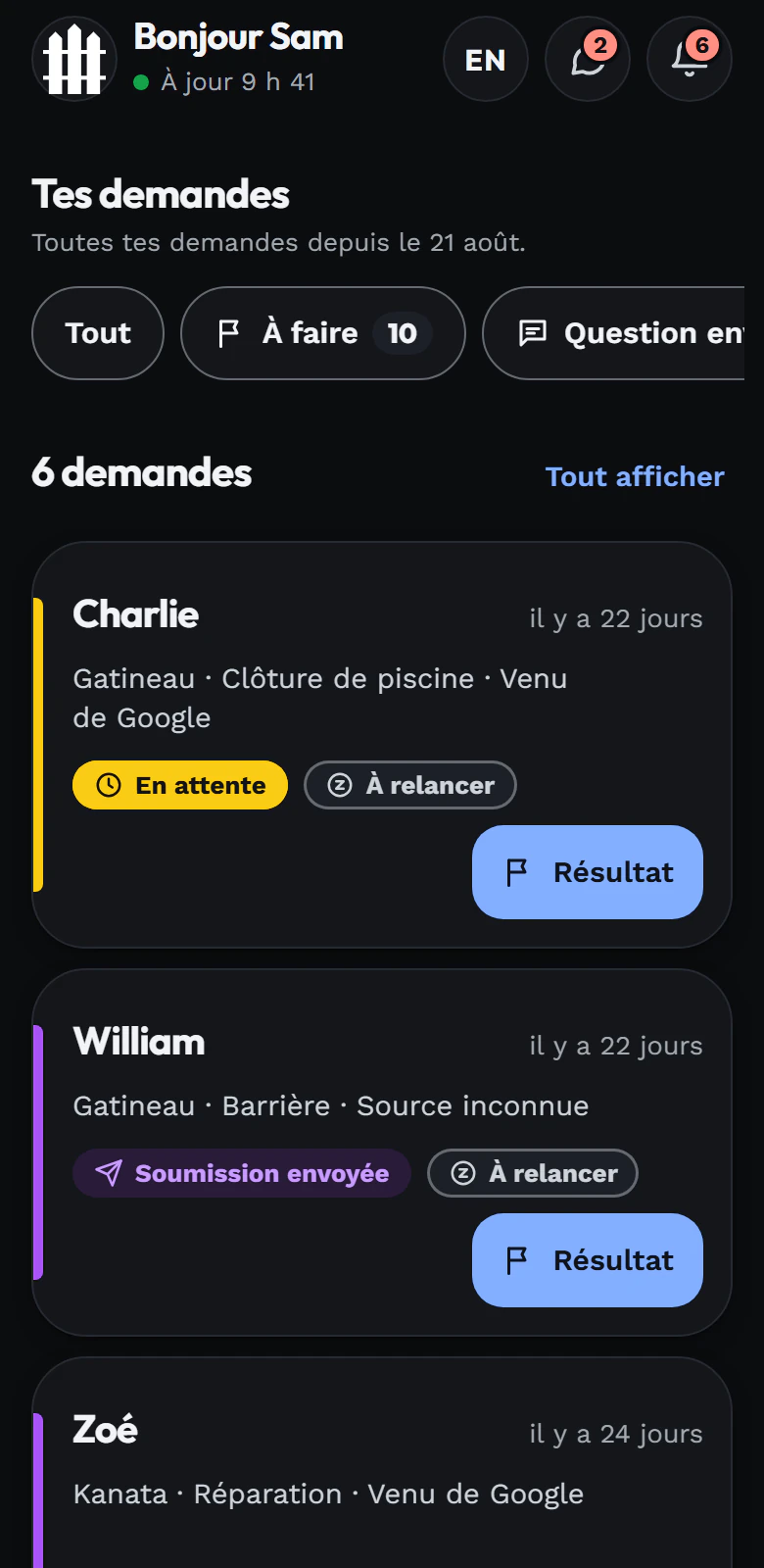 La liste des relances dans l'application UTF : les soumissions qui attendent une réponse