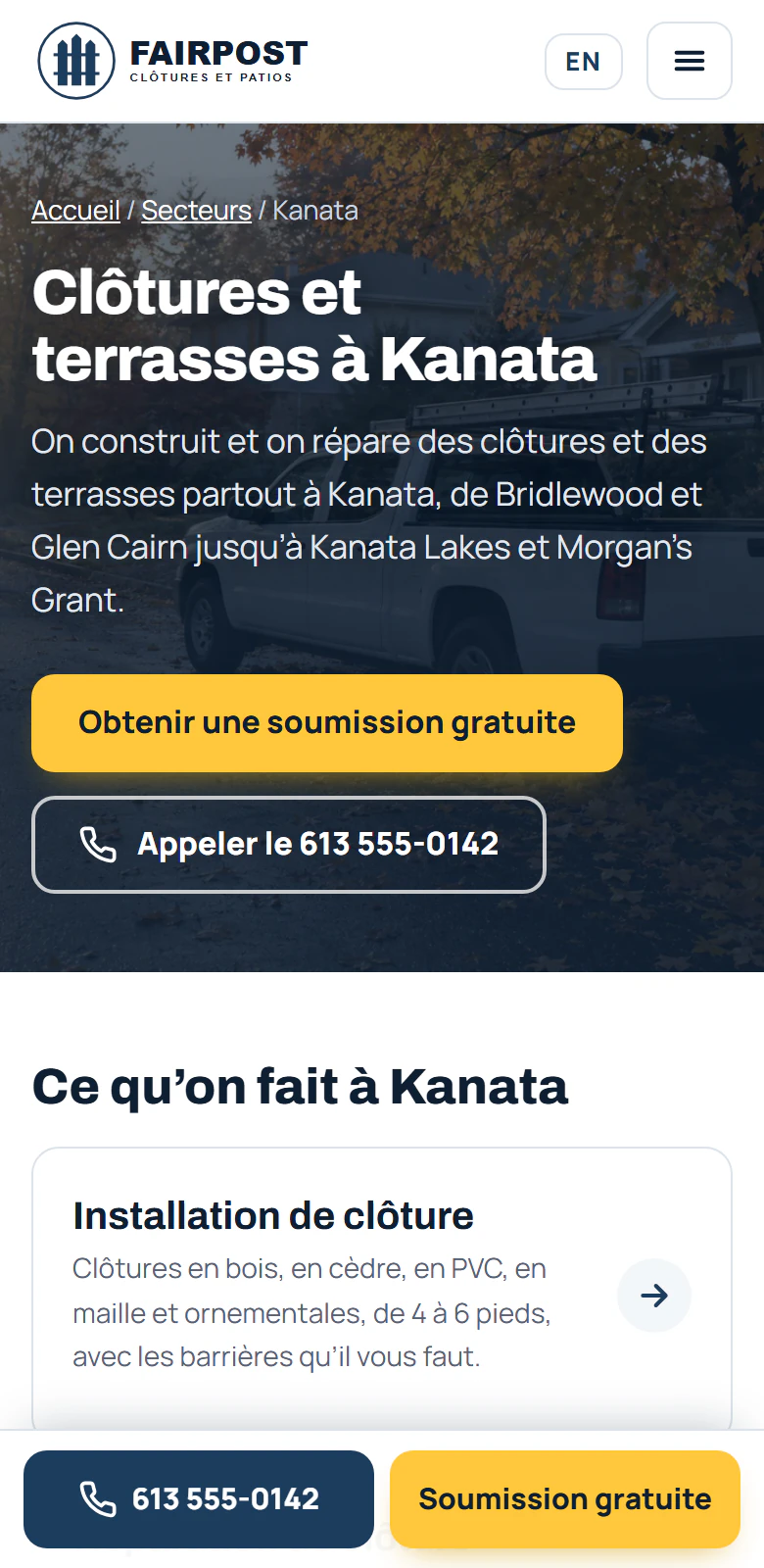 Une page de ville sur le site Web d'un entrepreneur, sur un téléphone