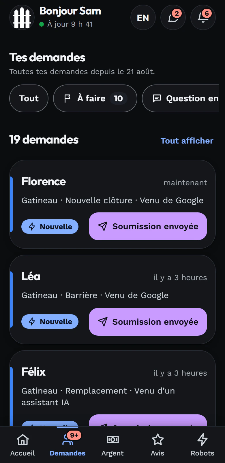 La liste des nouvelles demandes de soumission dans l'application UTF, la plus récente en haut