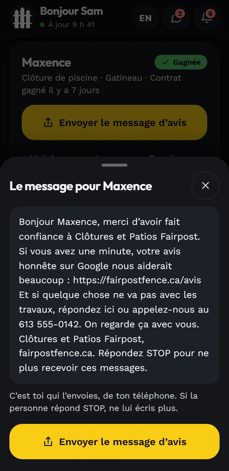 Le message de demande d'avis, prêt à envoyer