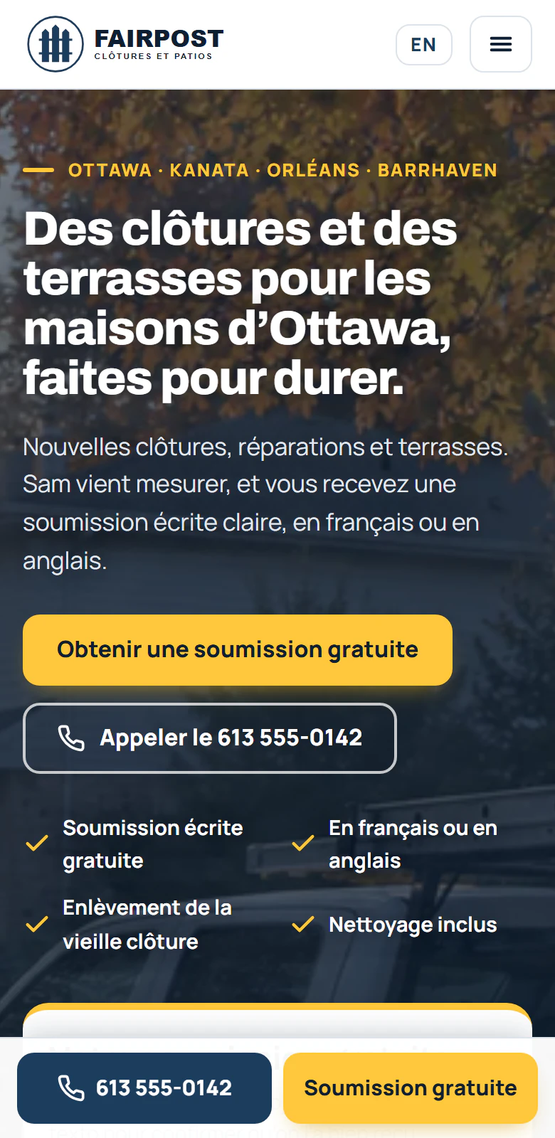 Le site Web d'un entrepreneur sur un téléphone, avec le formulaire de soumission dès le premier écran
