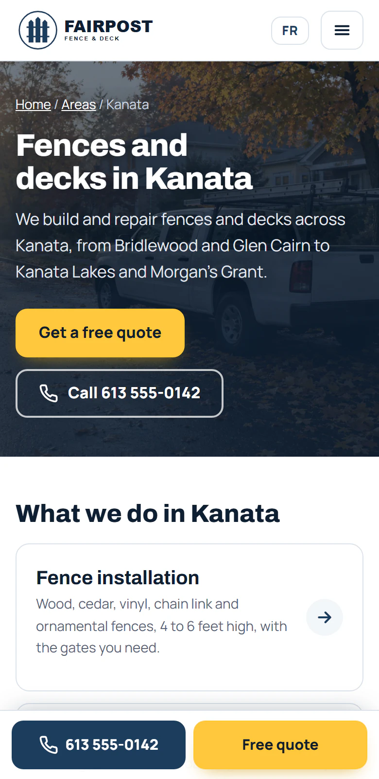 A town page on a contractor's website, on a phone