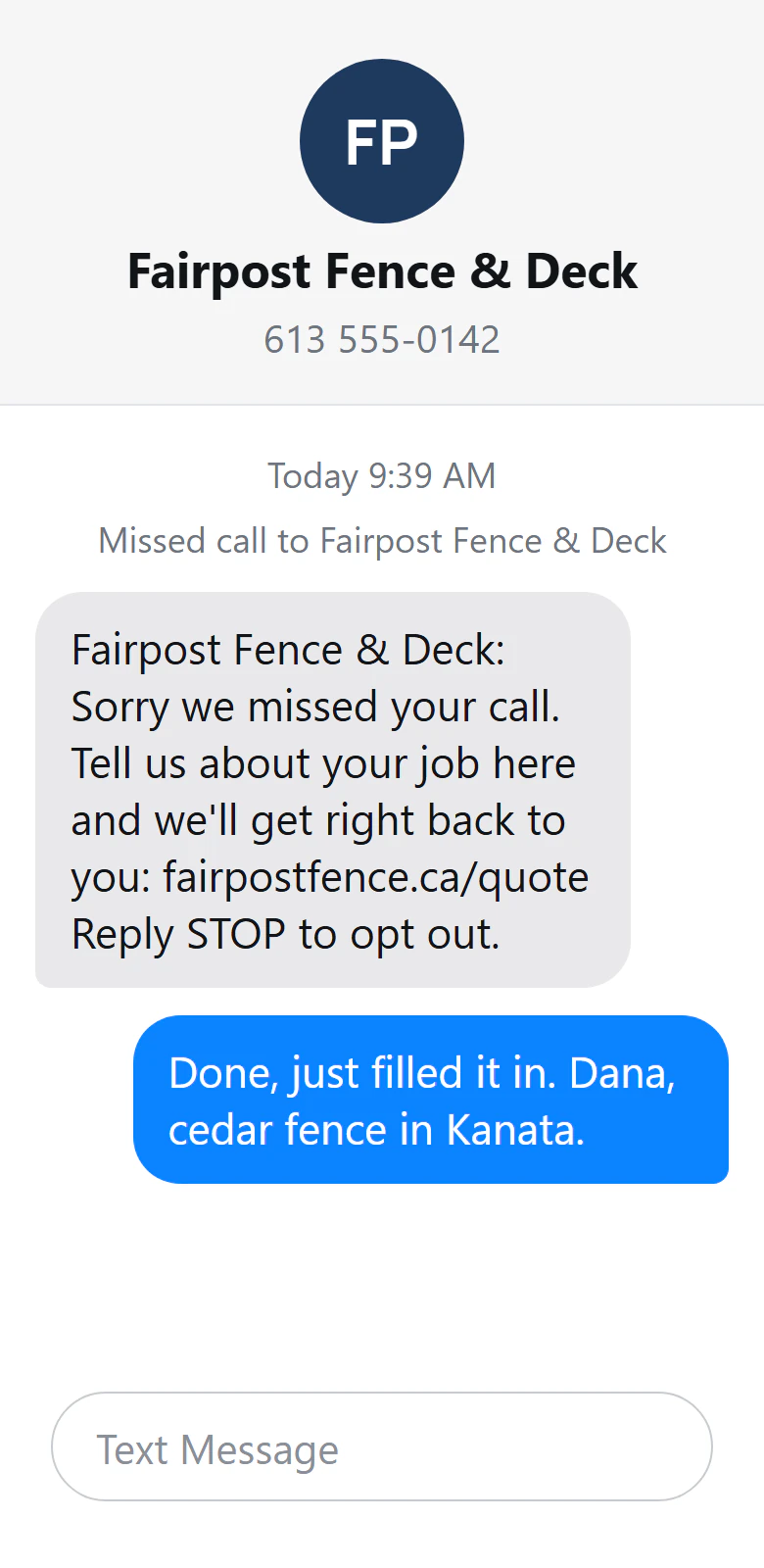 The caller's phone: the business's text after a missed call, with a link to the quote form, and the reply