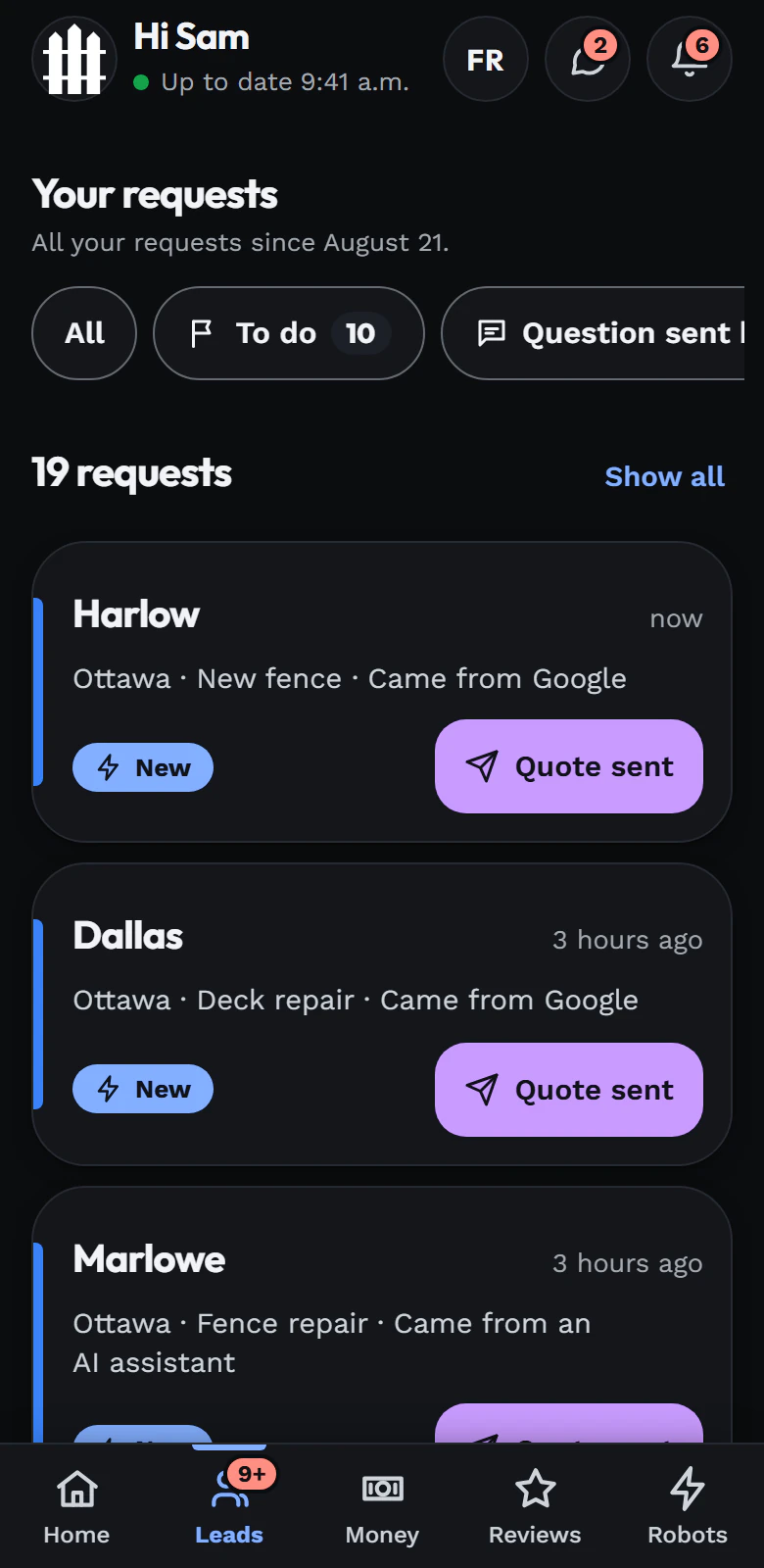 The UTF app's list of new quote requests, newest first
