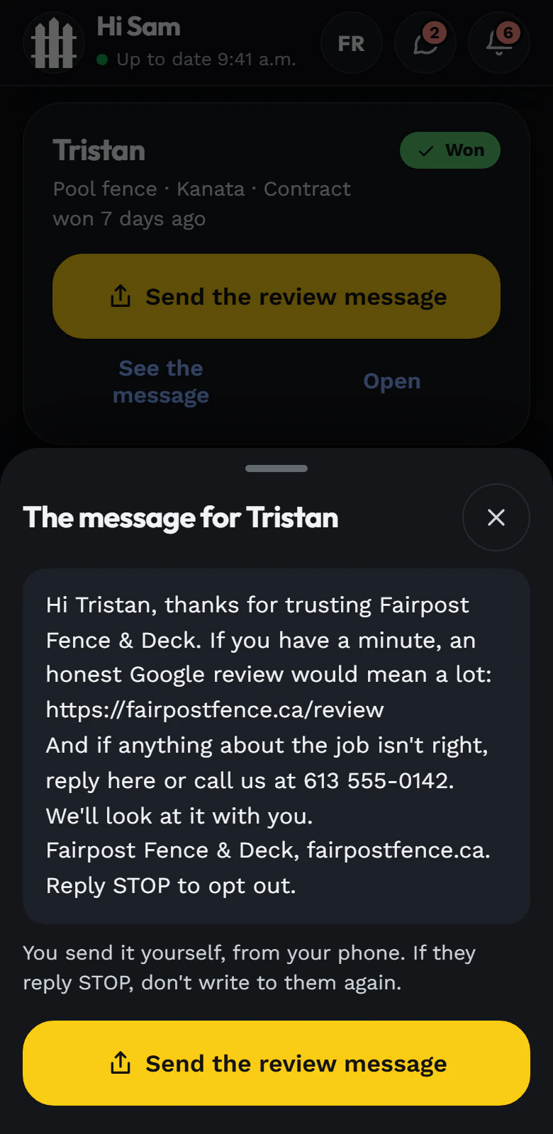 The review message ready to send
