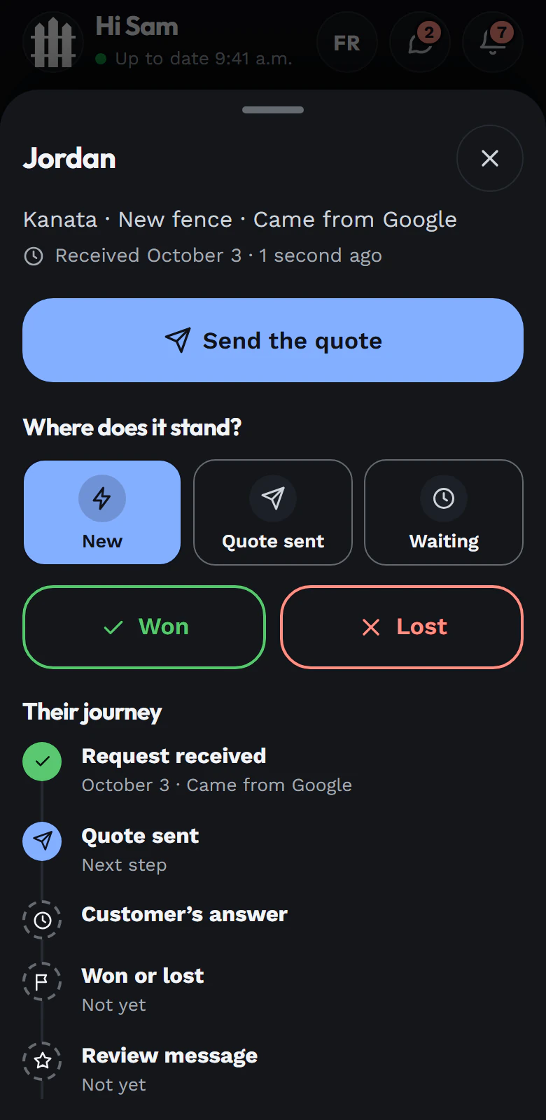 The UTF app with one quote request opened, showing where it came from and its next step