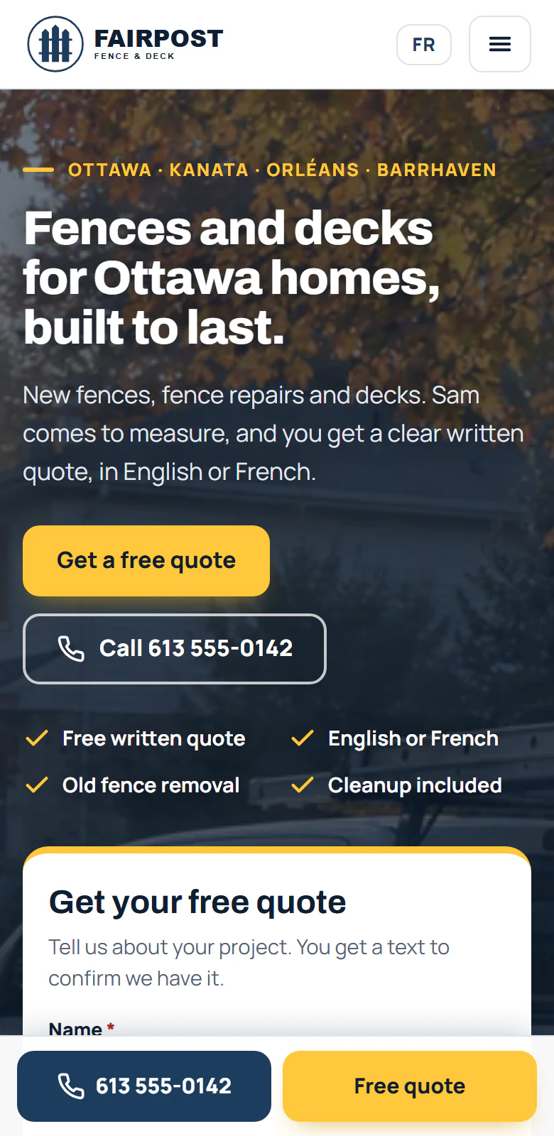 A contractor's website on a phone, with the quote form on the first screen